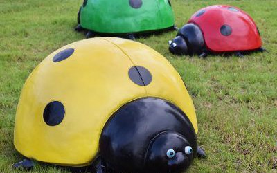 草地上擺放的三只不同顏色的玻璃鋼彩繪七星瓢蟲雕塑