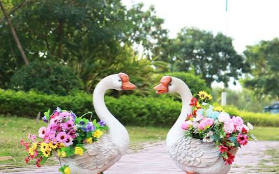玻璃鋼動(dòng)物天鵝花盆雕塑花園美陳裝飾品擺件