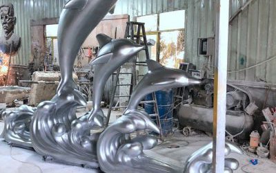 銀色不銹鋼抽象沖浪海豚景觀雕塑戶外廣場水景擺件